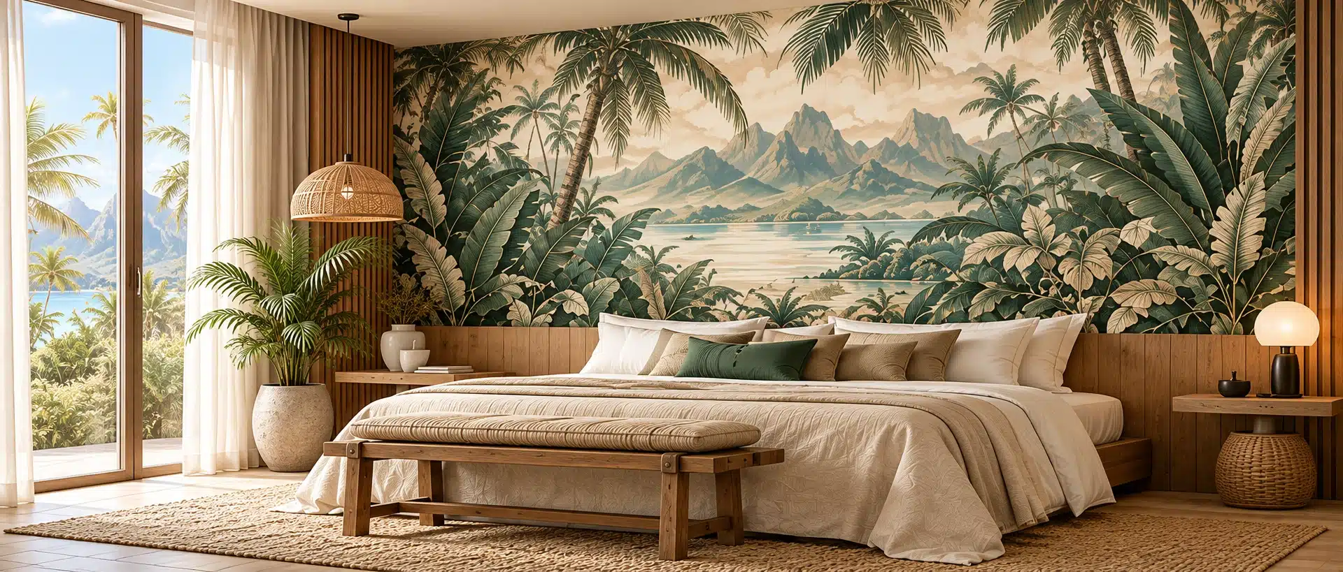 Suite hôtelière contemporaine avec un décor panoramique végétal inspiré de la Polynésie