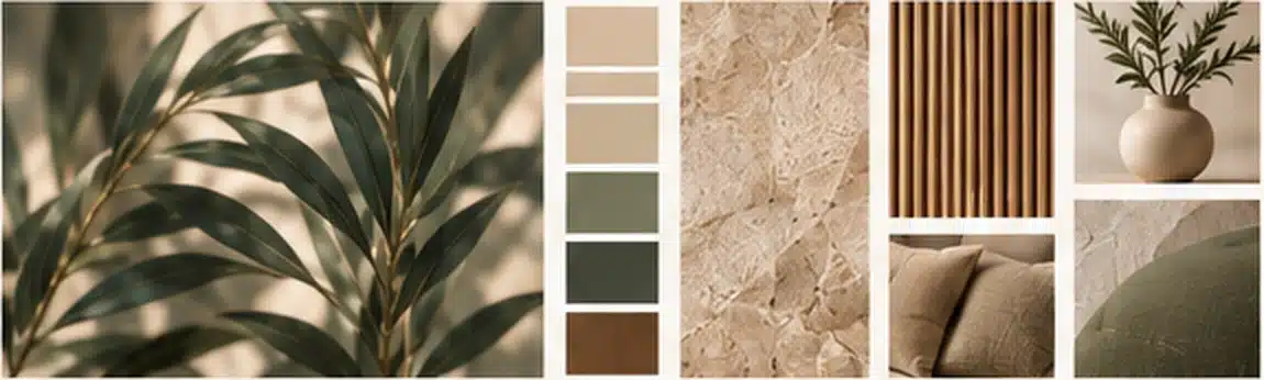 Moodboard : feuillages, matières minérales, bois, textiles et couleurs naturelles