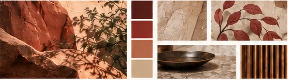 Moodboard d’inspirations minérales, teintes terracotta et matières naturelles