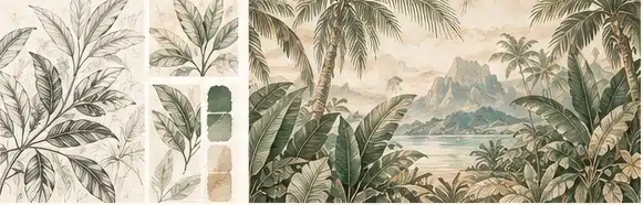 Esquisses botaniques et composition panoramique inspirée des paysages polynésiens