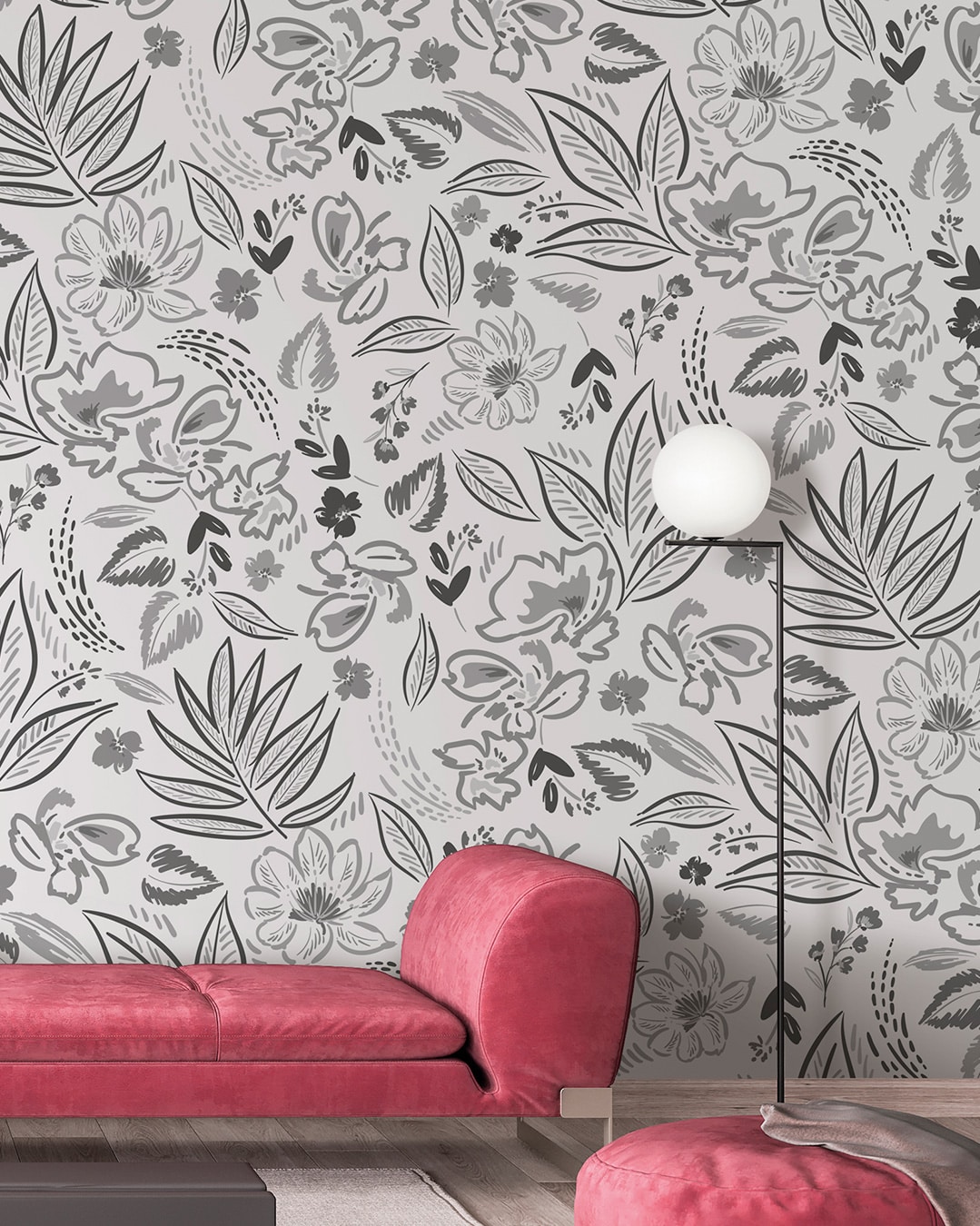 Papier peint panoramique floral végétal Noir-Gris-Blanc