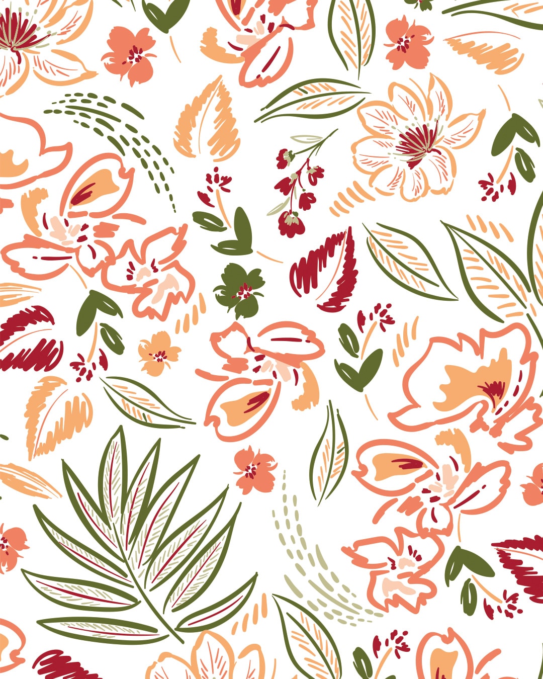 Papier peint panoramique floral végétal Orange-Vert-Rouge-Blanc