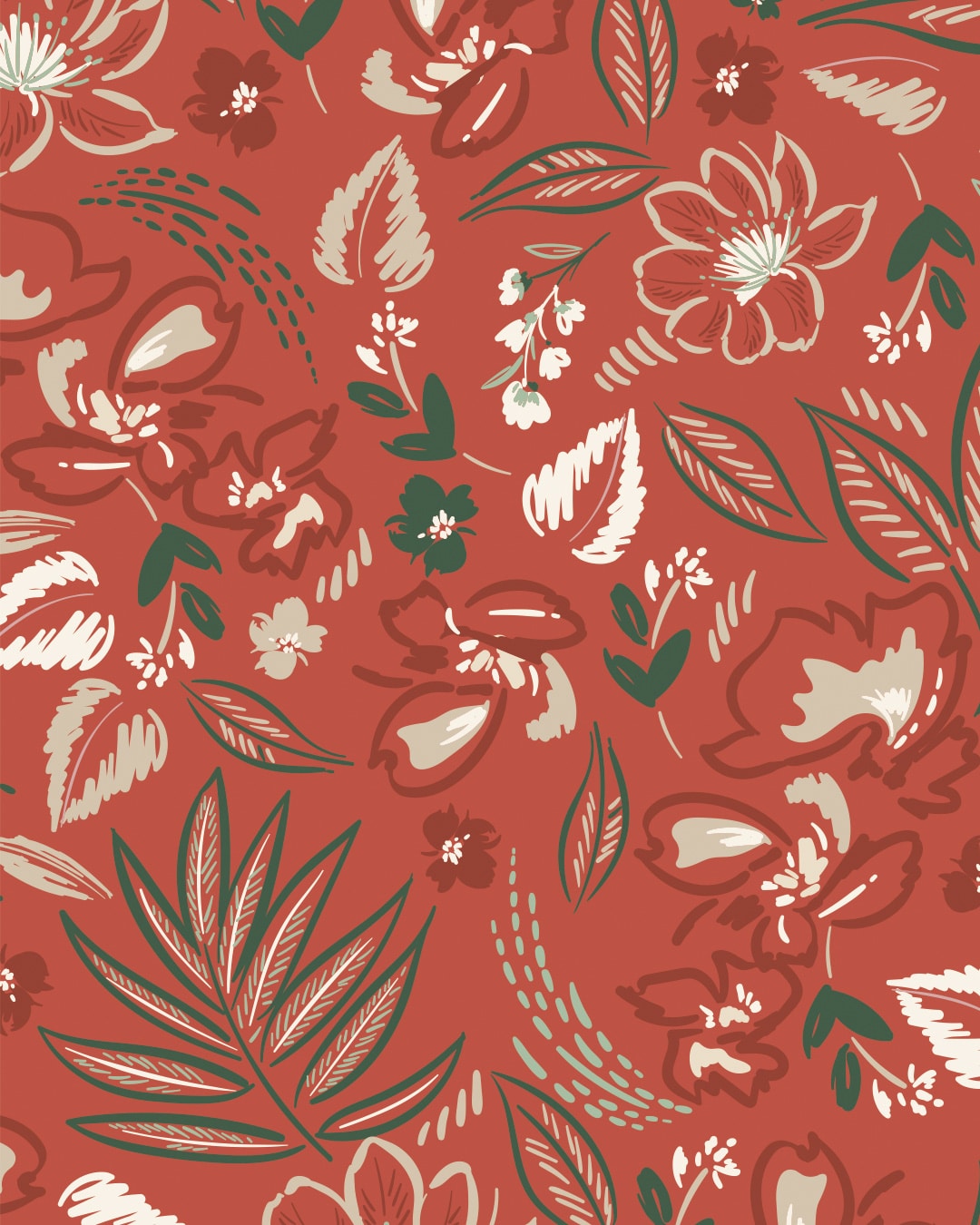 Papier peint panoramique floral végétal Rouge brique-Vert-Beige-Blanc