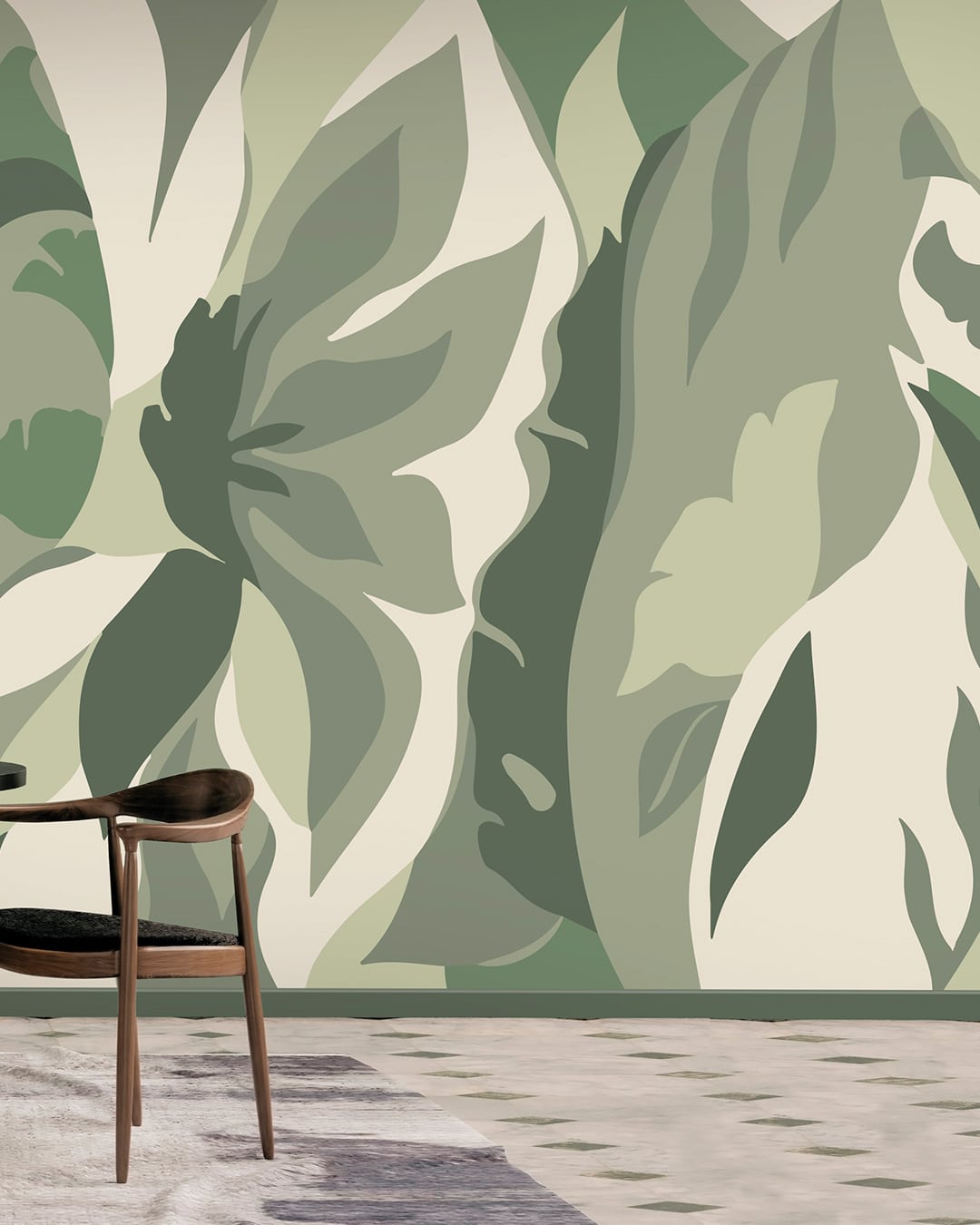 Papier peint panoramique contemporain végétal Vert de gris-Vert sauge-beige