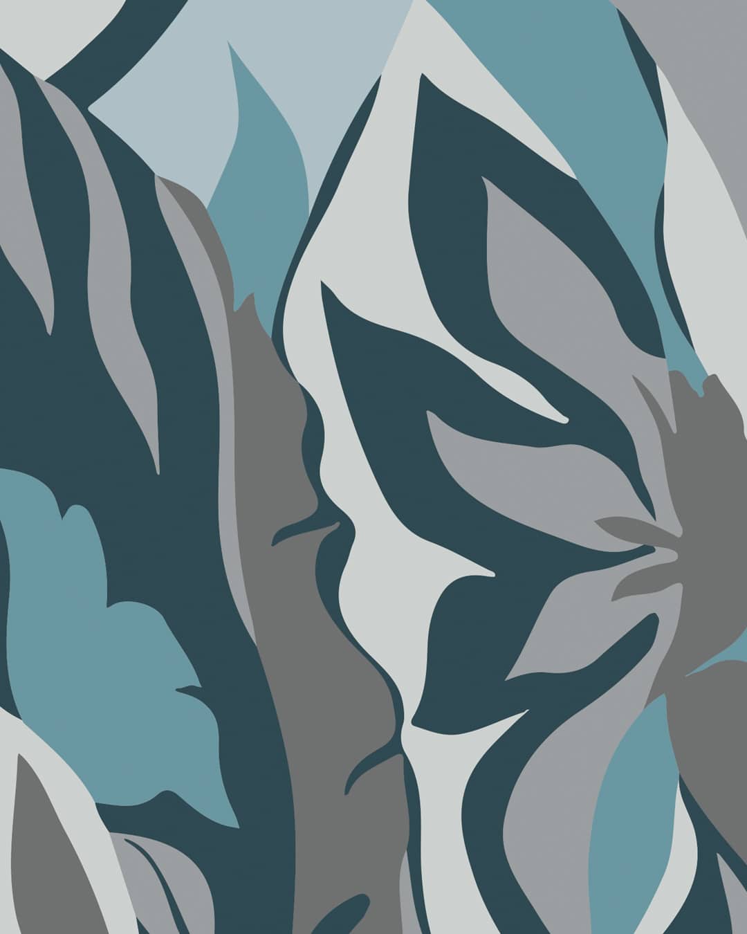 Papier peint panoramique contemporain végétal Bleu ciel-Bleu Foncé-Gris