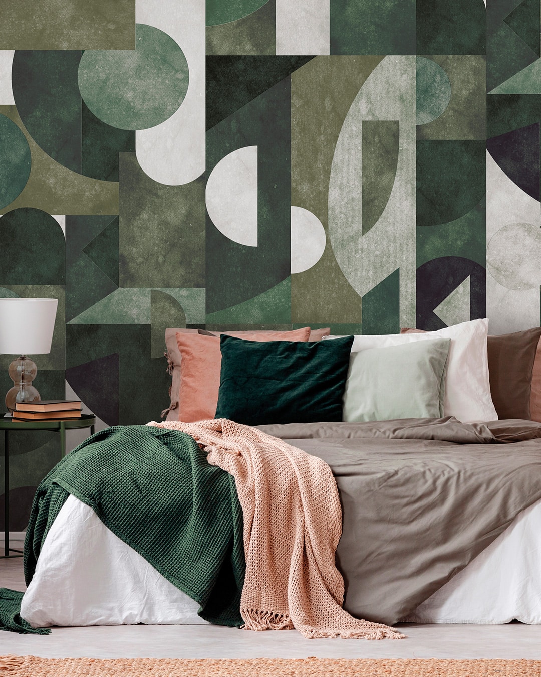 Papier peint panoramique vintage géométrique Vert olive-Vert sapin-Gris