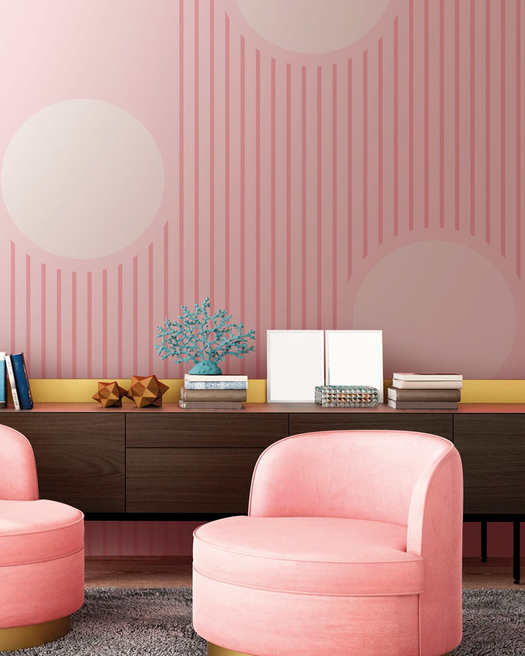 Papier peint panoramique contemporain géométrique rose, fuchsia et blanc