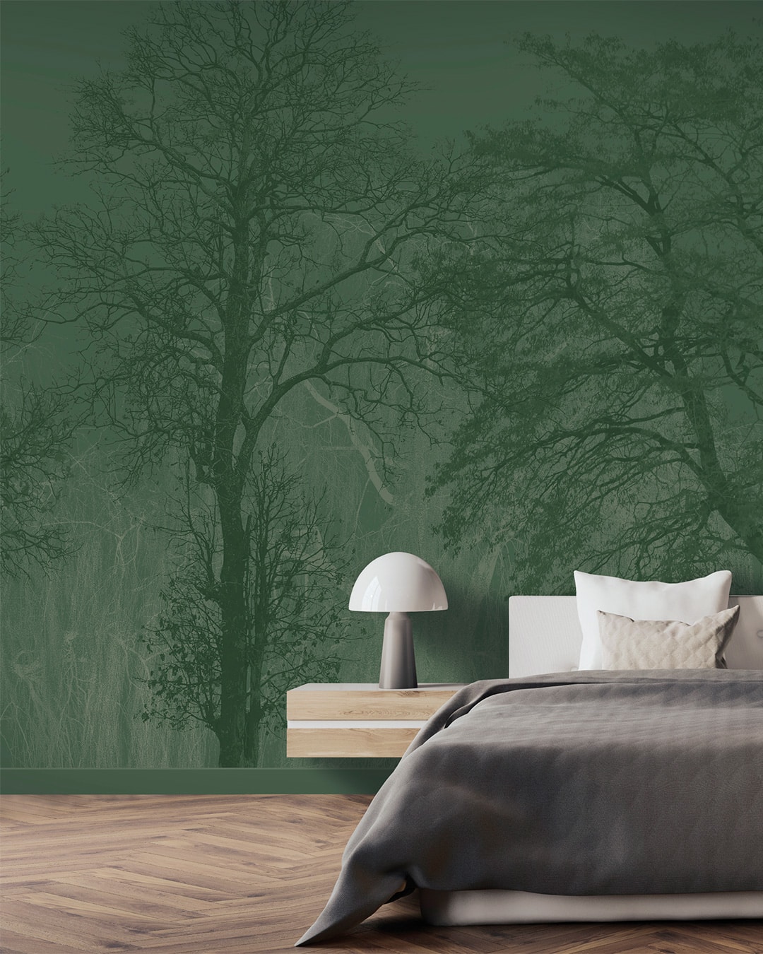 Papier peint panoramique contemporain nature foret de grands arbres Vert foncé-Vert sapin