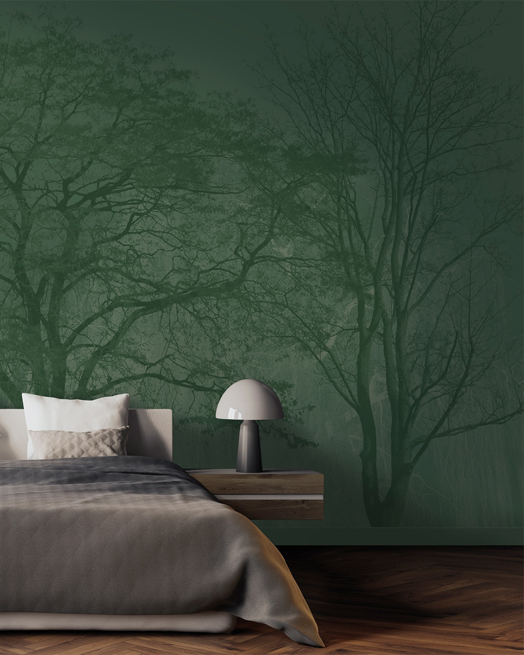 Papier peint panoramique contemporain nature foret de grands arbres Vert foncé-Vert sapin