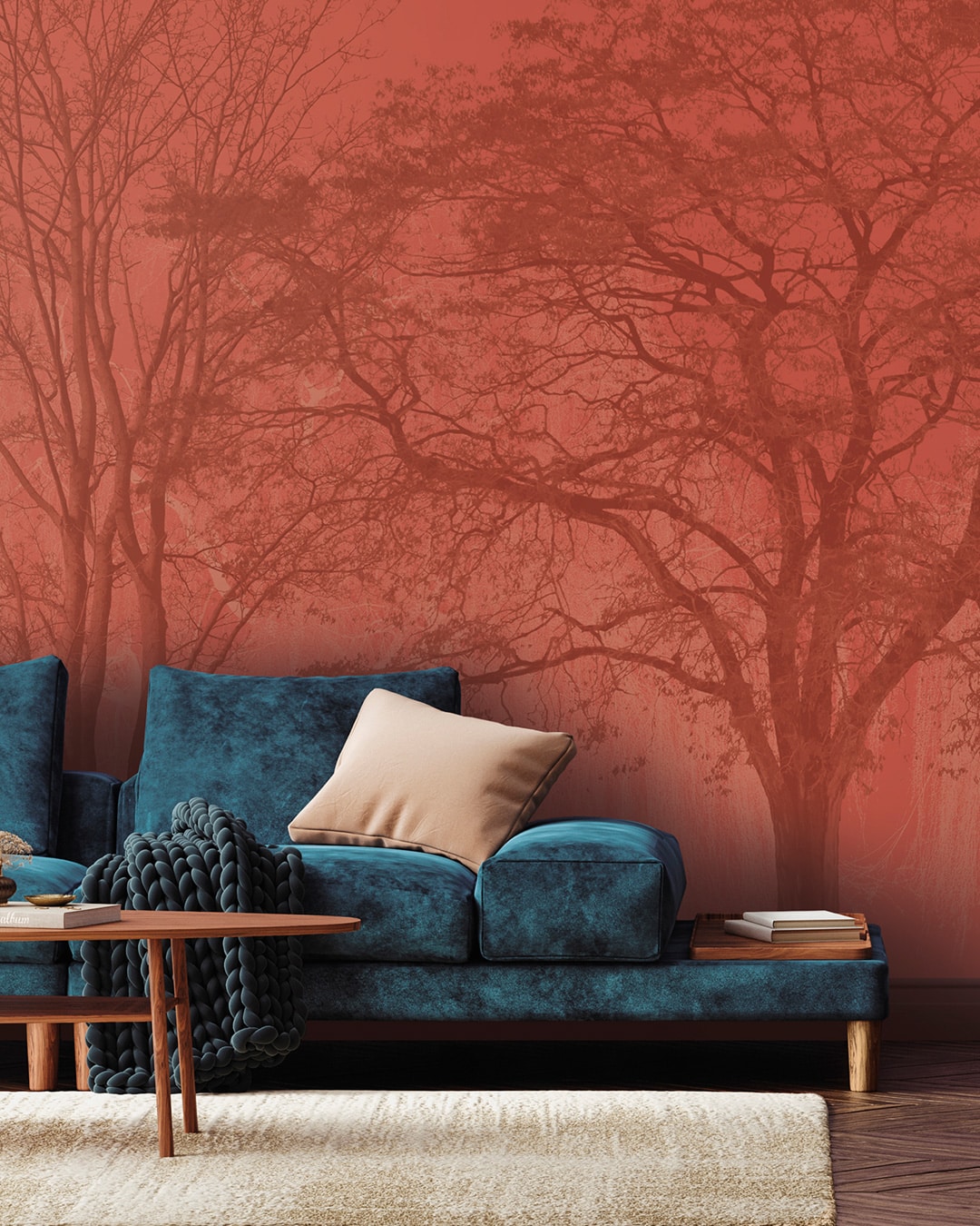 Papier peint panoramique contemporain nature foret de grands arbres Rouge brique