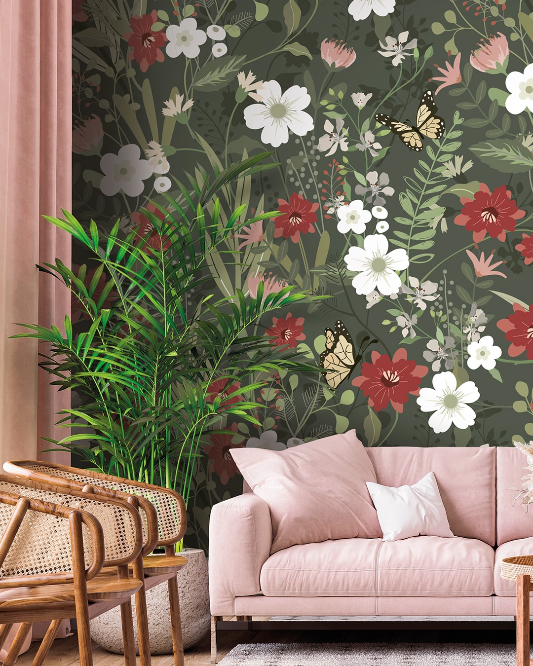 Papier peint panoramique nature floral vert-rose-rouge-blanc
