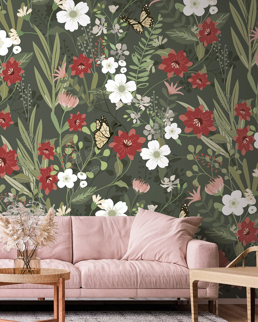 Papier peint panoramique nature floral vert-rose-rouge-blanc