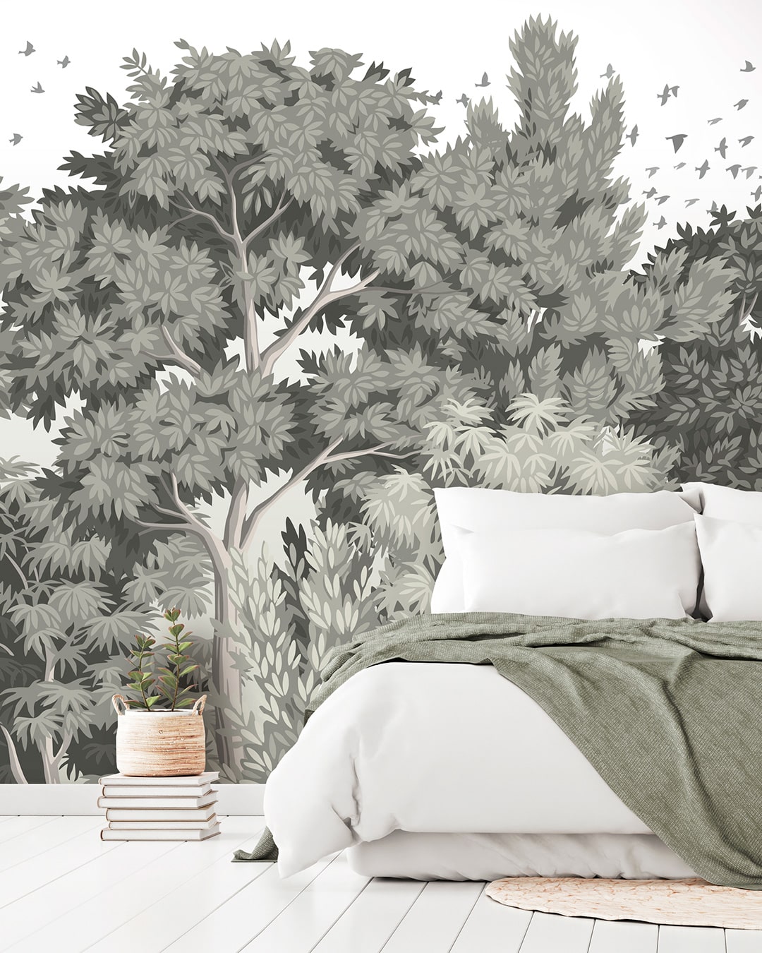 Papier peint panoramique nature végétal feuillage vert gris
