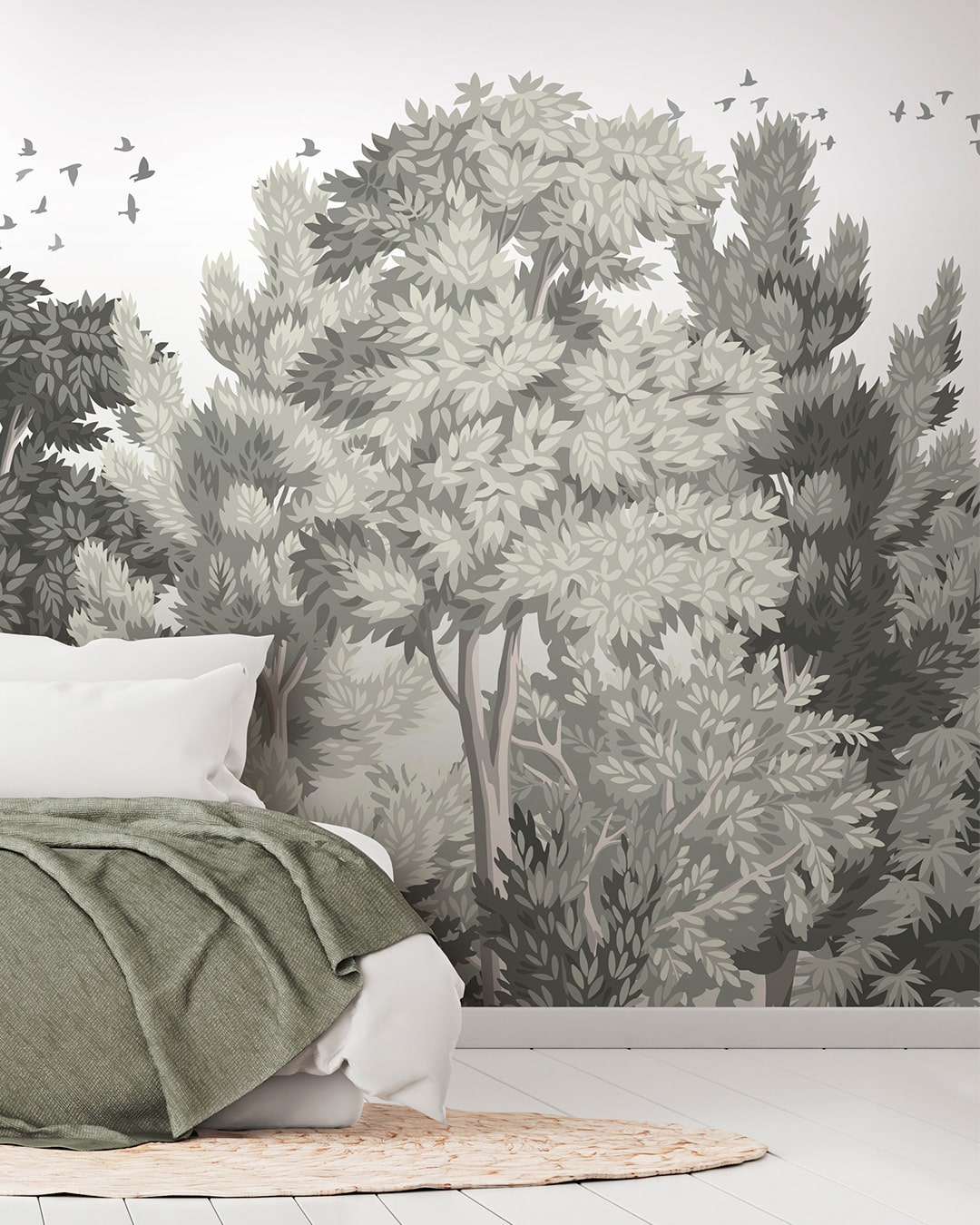 Papier peint panoramique nature végétal feuillage vert gris