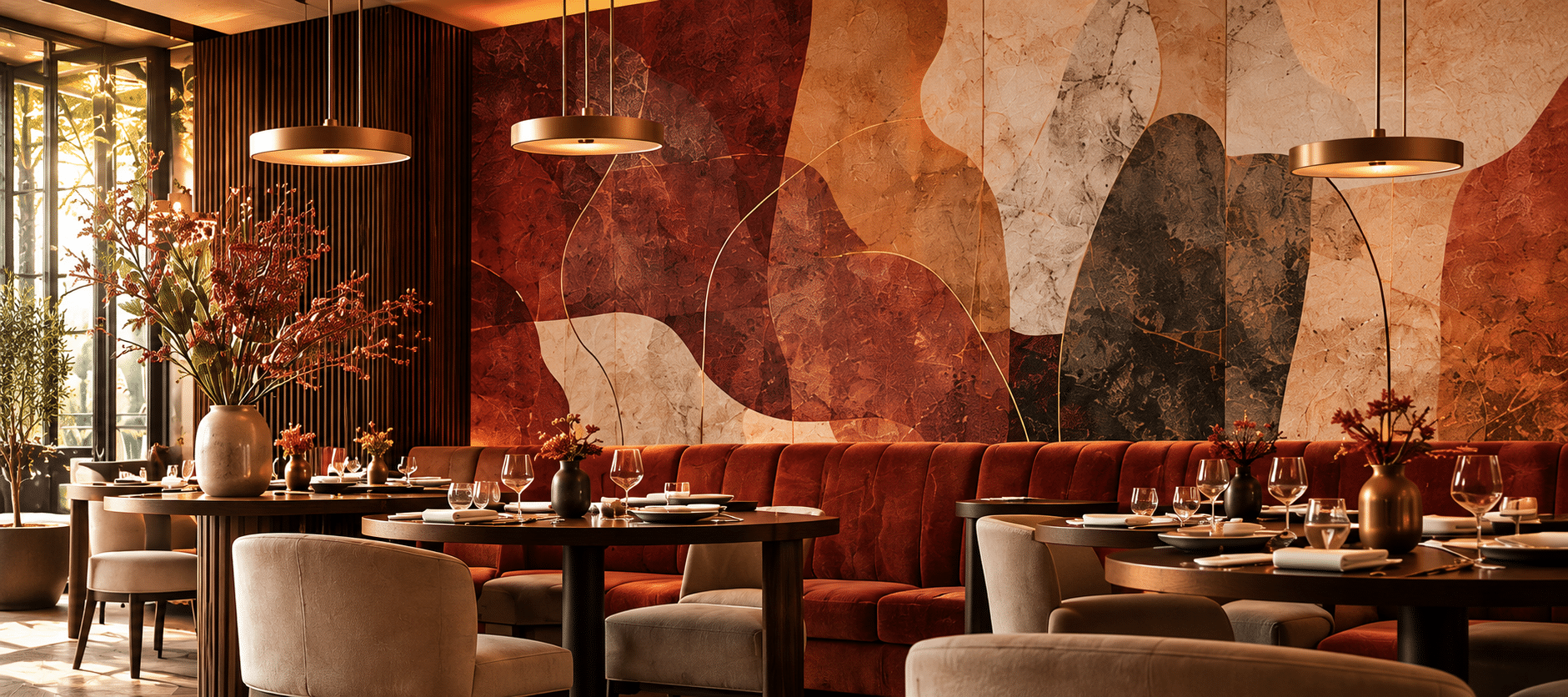 Restaurant contemporain, décor panoramique abstrait terracotta et bordeaux