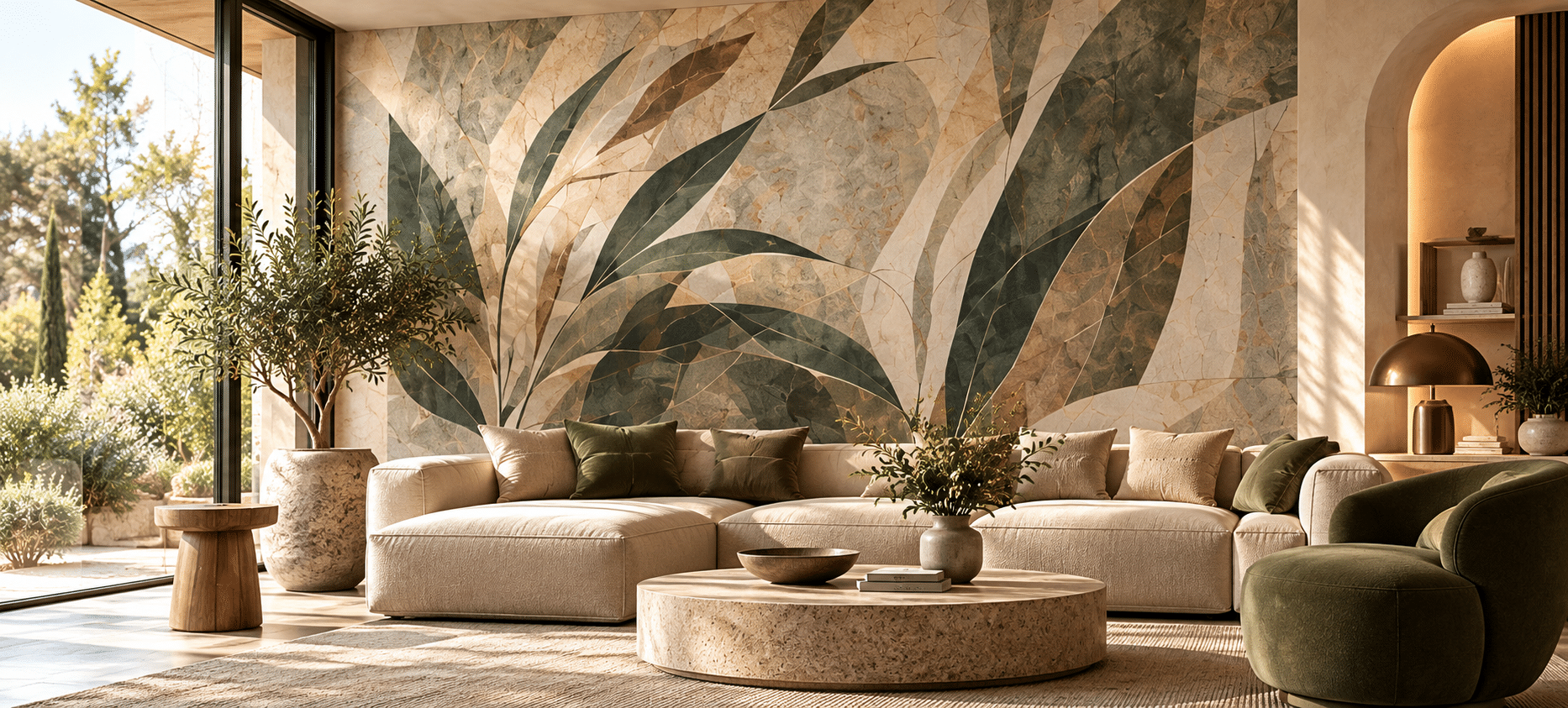 Ambiance conceptuelle d’un espace contemporain avec décor mural abstrait beige