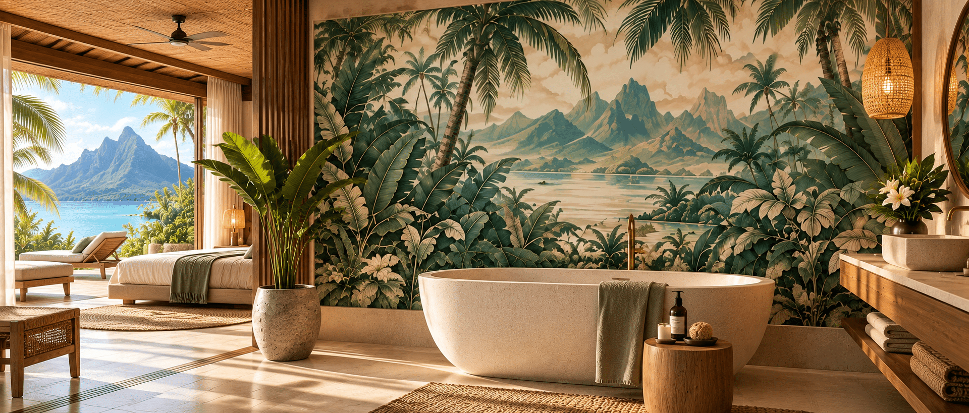 Étude créative L’Esprit d’ailleurs : décor panoramique d’inspiration polynésienne